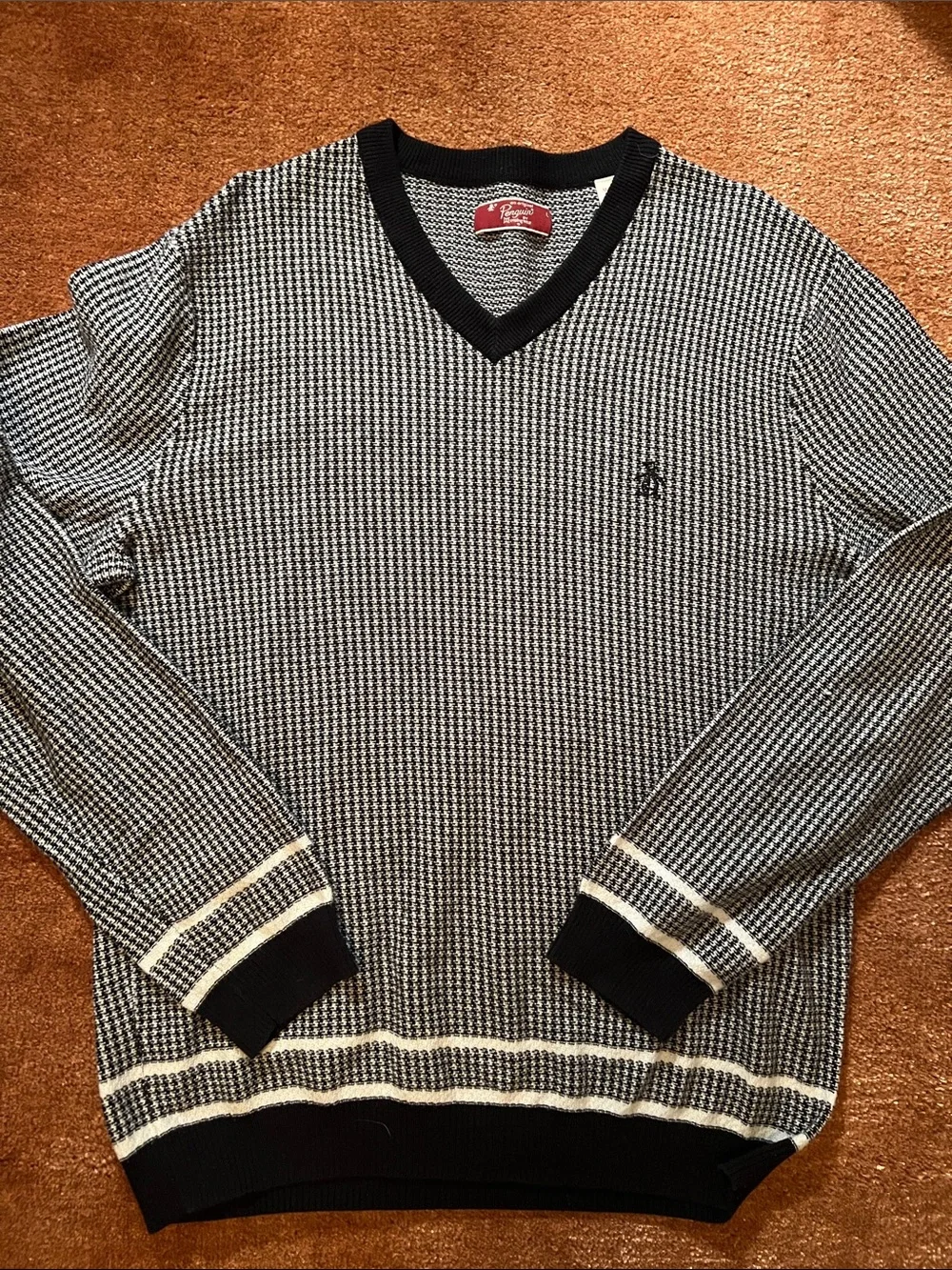 Sz L Original Penguin Black & White V-Neck Houndstooth Knit Sweater